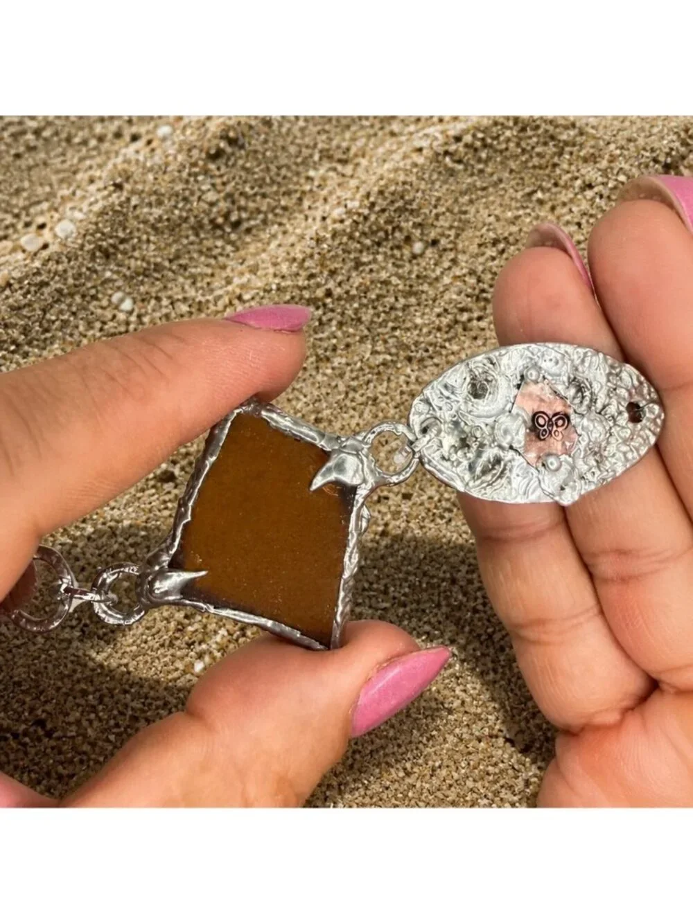 Amber Sea Glass Bracelet | Mixed Metal Silver & Copper Stamped Links |Adjustable